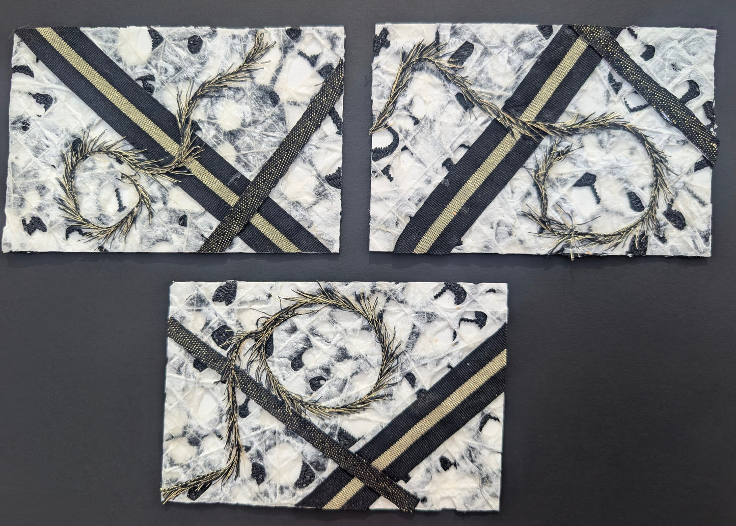 Gilded Entanglement Art Set – Black and Gold Mixed Media Art, Textured Collage Cards, Handmade Abstract Art, Unique Gift Set of 3