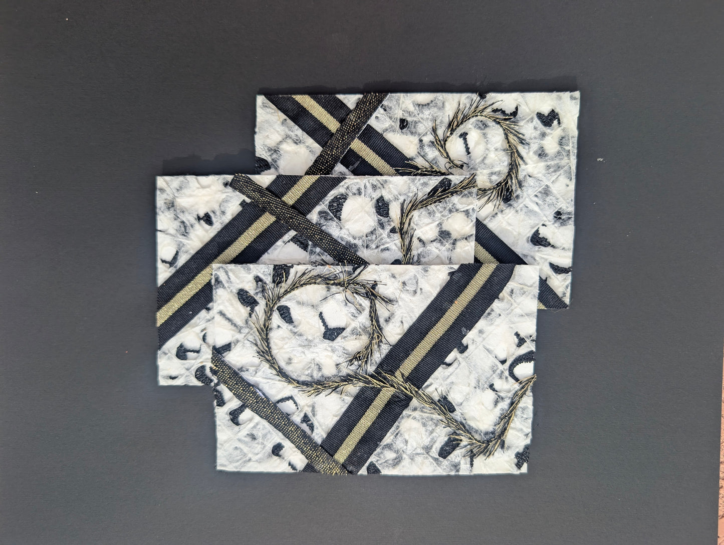 Gilded Entanglement Art Set – Black and Gold Mixed Media Art, Textured Collage Cards, Handmade Abstract Art, Unique Gift Set of 3