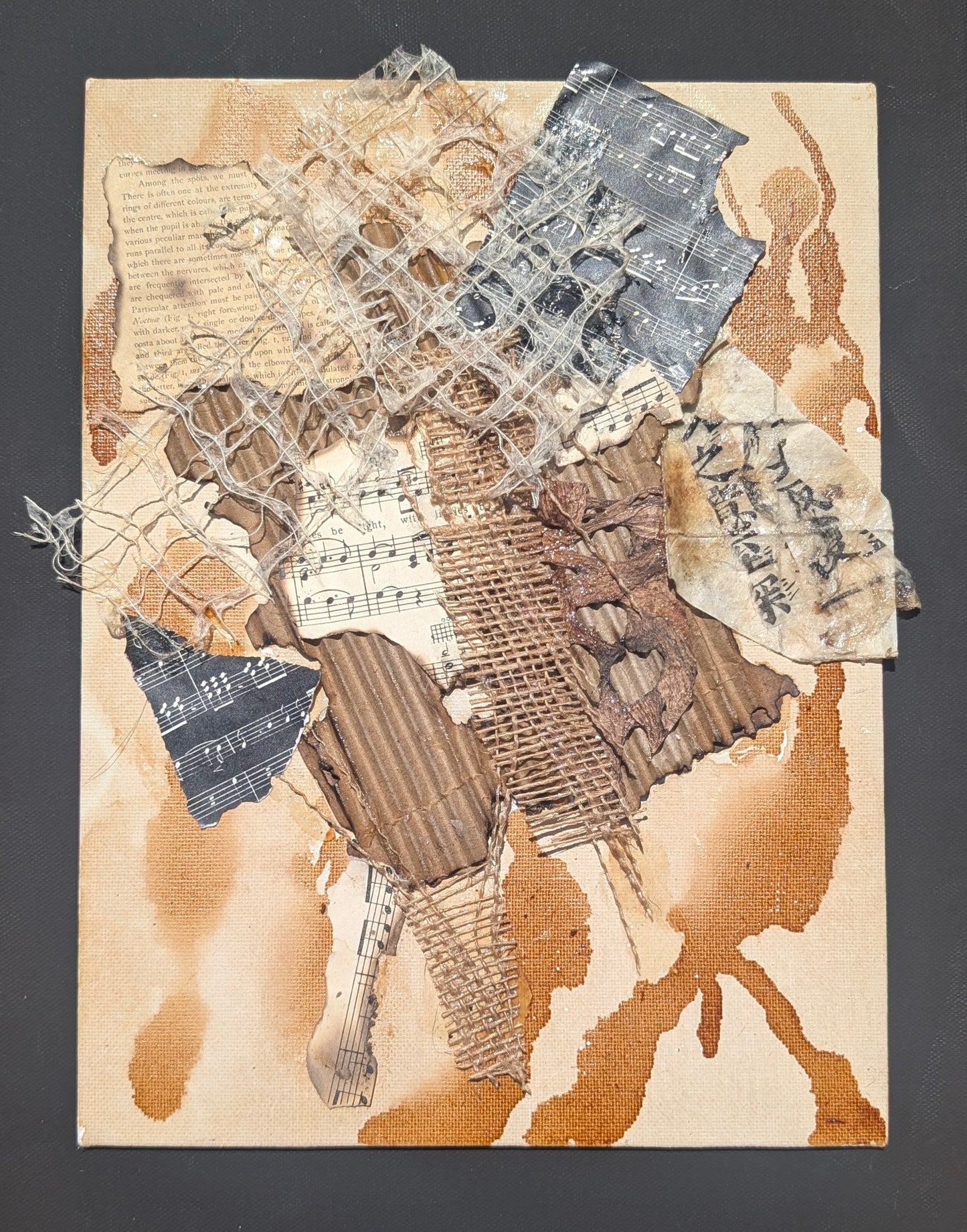 Dregs, Unfinished — Mixed Media Collage on Coffee-Stained Canvas