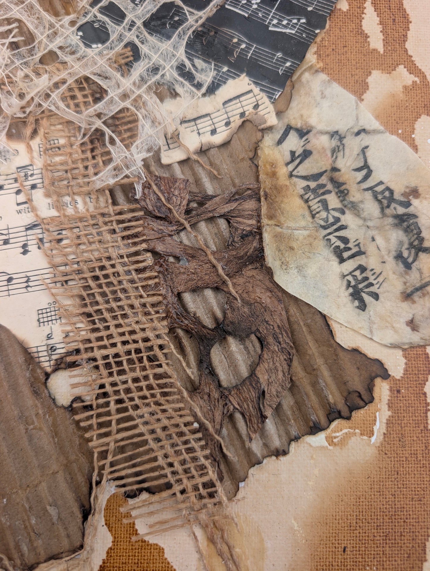 Dregs, Unfinished — Mixed Media Collage on Coffee-Stained Canvas