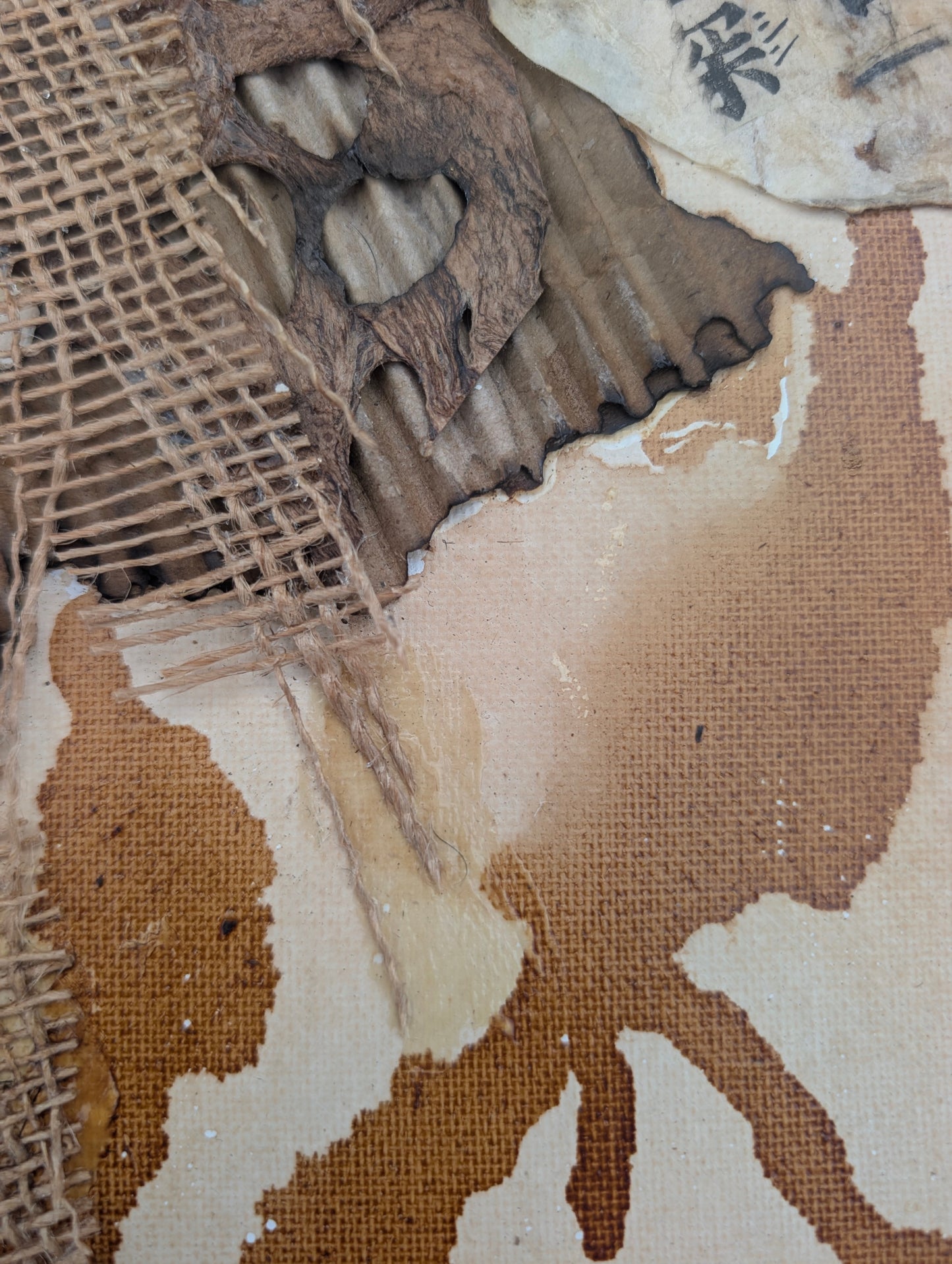 Dregs, Unfinished — Mixed Media Collage on Coffee-Stained Canvas